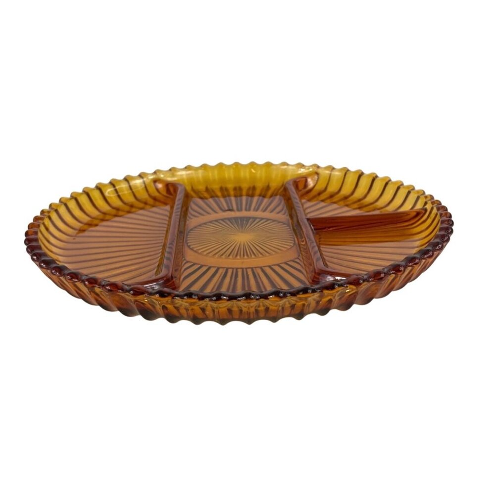 Indiana Glass Amber Ribbed 4 Part Divided Relish Dish Serving Tray Lazy Susan - Picture 2 of 10